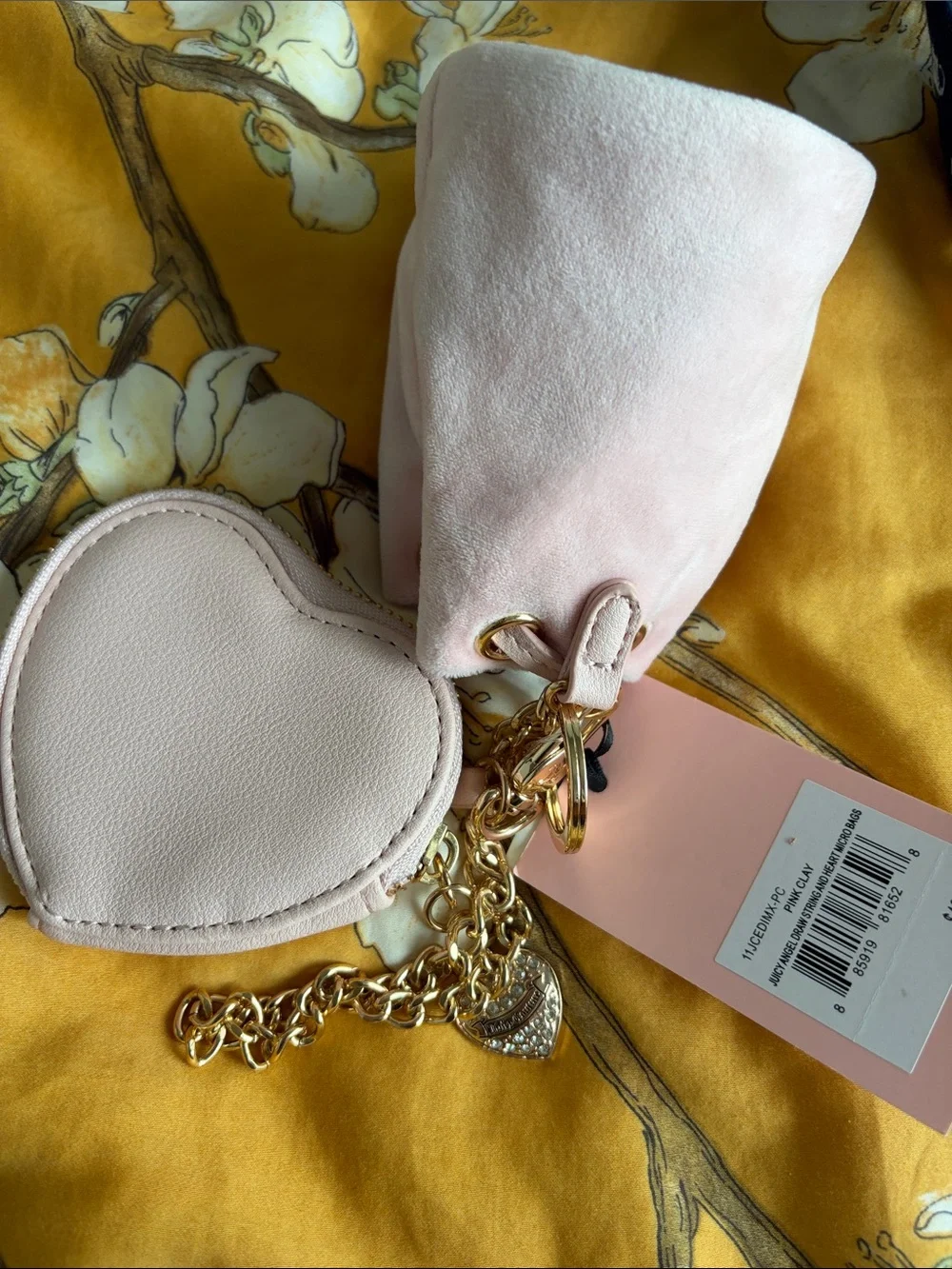 Juicy Couture Light Pink Velvet Drawstring Pouch with Heart Mirror Charm